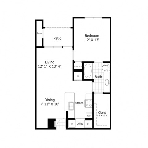 Floor plan for 1 bed, 1 bath, 728 sqft